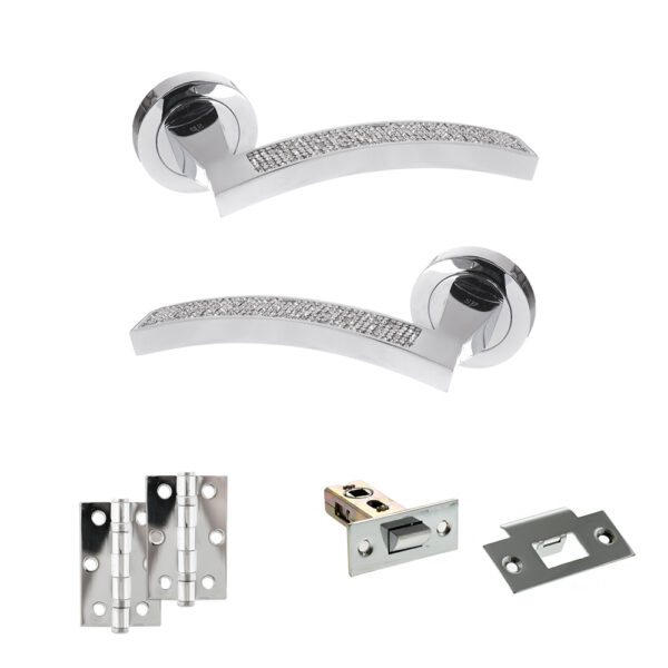 Senza Pari Crystal Door Handle Pack (Latch Set - 2.5" Latch, 3" Hinges x2) - Polished Chrome