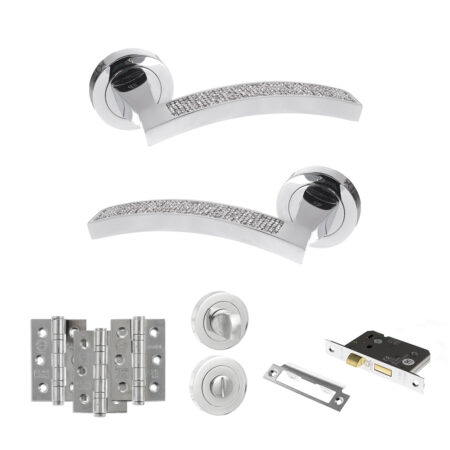 Senza Pari Crystal Door Handle Pack (Bathroom Set - 2.5" CE Bathroom Lock, 3" Fire Rated Hinges x3) - Polished Chrome