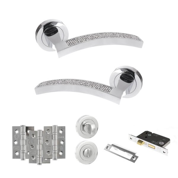 Senza Pari Crystal Door Handle Pack (Bathroom Set - 2.5" CE Bathroom Lock, 3" Fire Rated Hinges x3) - Polished Chrome