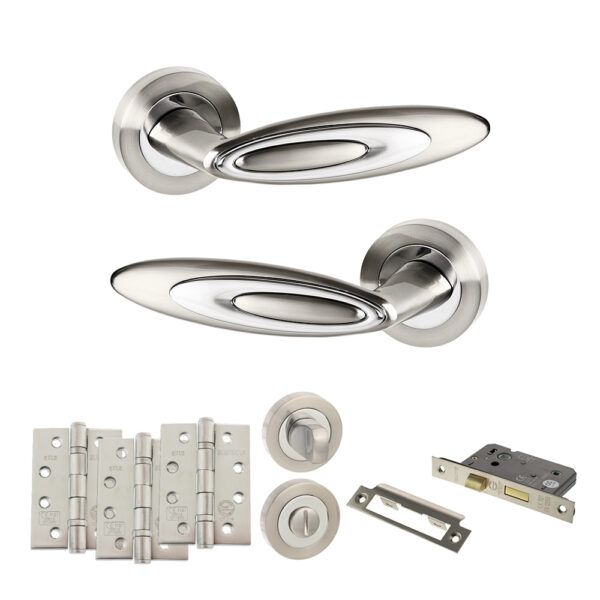 Senza Pari Elisse Door Handle Pack (Bathroom Set - 2.5" CE Bathroom Lock, 4" Fire Rated Hinges x3) - Satin Nickel/Chrome Plate