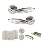 Senza Pari Elisse Door Handle Pack (Bathroom Set - 3" CE Bathroom Lock, 4" Fire Rated Hinges x3) - Satin Nickel/Chrome Plate