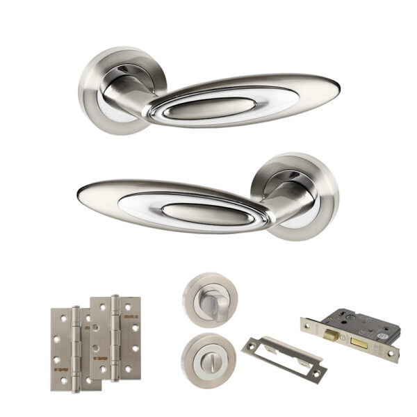 Senza Pari Elisse Door Handle Pack (Bathroom Set - 2.5" CE Bathroom Lock, 4" Slim Knuckle Hinges x2) - Satin Nickel/Chrome Plate