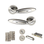 Senza Pari Elisse Door Handle Pack (Bathroom Set - 3" CE Bathroom Lock, 4" Slim Knuckle Hinges x2) - Satin Nickel/Chrome Plate