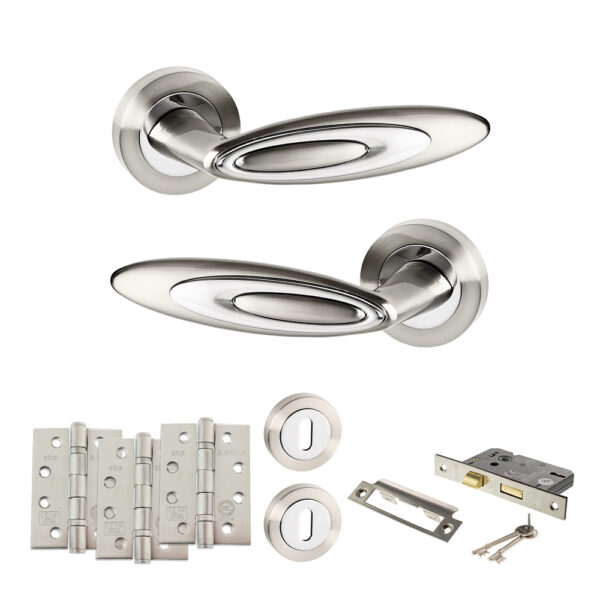 Senza Pari Elisse Door Handle Pack (3 Lever Lock Set - 3" CE Sashlock, 4" Fire Rated Hinges x3) - Satin Nickel/Chrome Plate