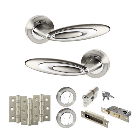 Senza Pari Elisse Door Handle Pack (Euro Lock Set - 2.5" CE Sashlock, 3" Fire Rated Hinges x3) - Satin Nickel/Chrome Plate