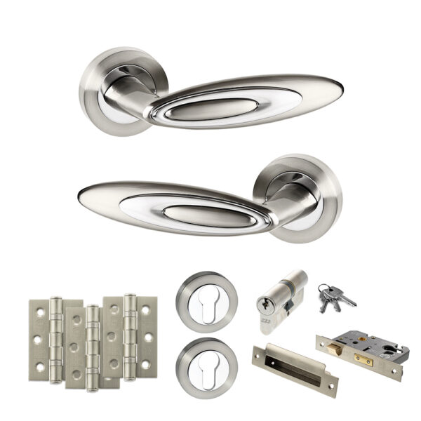 Senza Pari Elisse Door Handle Pack (Euro Lock Set - 2.5" CE Sashlock, 3" Fire Rated Hinges x3) - Satin Nickel/Chrome Plate
