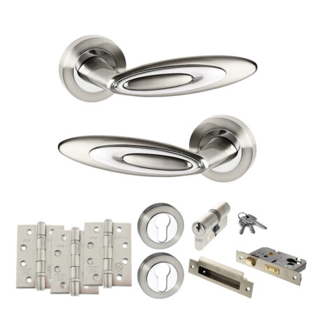 Senza Pari Elisse Door Handle Pack (Euro Lock Set - 2.5" CE Sashlock, 4" Fire Rated Hinges x3) - Satin Nickel/Chrome Plate