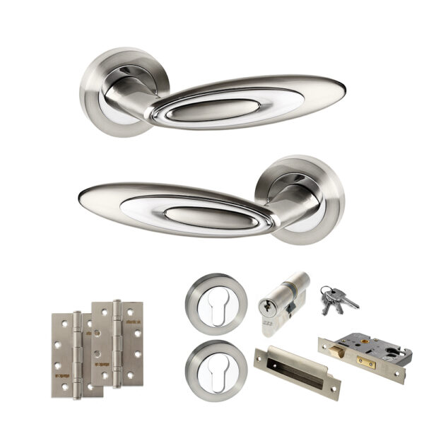 Senza Pari Elisse Door Handle Pack (Euro Lock Set - 2.5" CE Sashlock, 4" Slim Knuckle Hinges x2) - Satin Nickel/Chrome Plate