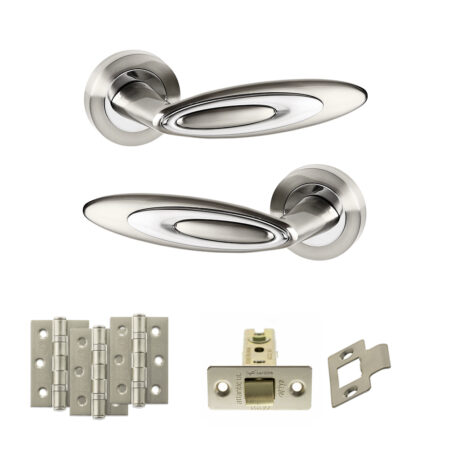 Senza Pari Elisse Door Handle Pack (Latch Set - 3" CE Latch, 3" Fire Rated Hinges x3) - Satin Nickel/Chrome Plate