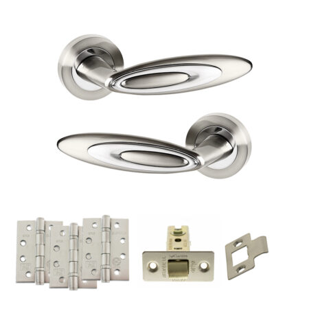 Senza Pari Elisse Door Handle Pack (Latch Set - 3" CE Latch, 4" Fire Rated Hinges x3) - Satin Nickel/Chrome Plate