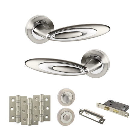 Senza Pari Elisse Door Handle Pack (Bathroom Set - 2.5" CE Bathroom Lock, 3" Fire Rated Hinges x3) - Satin Nickel/Chrome Plate