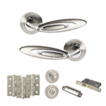 Senza Pari Elisse Door Handle Pack (Bathroom Set - 3" CE Bathroom Lock, 3" Fire Rated Hinges x3) - Satin Nickel/Chrome Plate