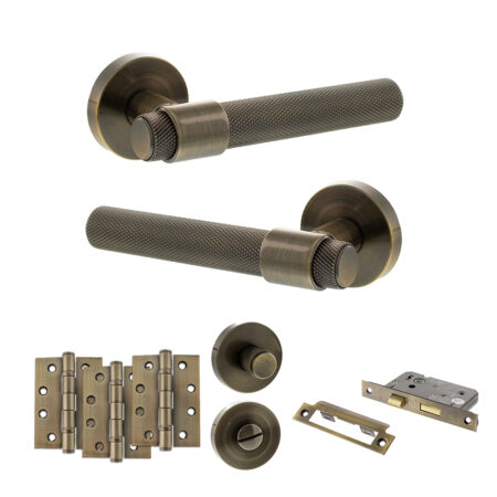 Senza Pari Andretta Door Handle Pack (Bathroom Set - 2.5" CE Bathroom Lock, 4" Fire Rated Hinges x3) - Antique Brass