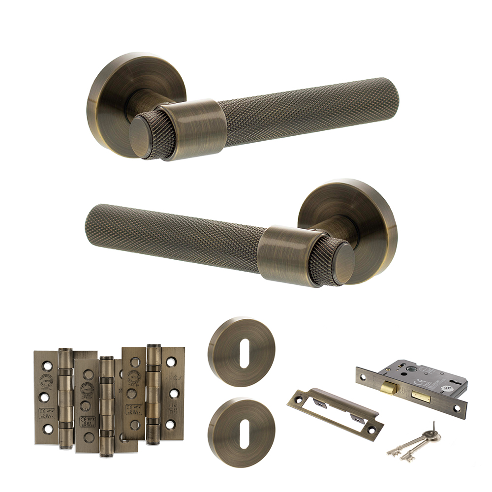 ADPSPR160AB15_SENZA20PARI20ANDRETTA20ANTIQUE20BRASS.jpg Atlantic Senza Pari Andretta Door Handle Pack (3 Lever Lock Set - 3" CE Sashlock, 3" Fire Rated Hinges x3) - Antique Brass - Image 1