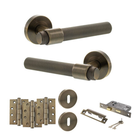 Atlantic Senza Pari Andretta Door Handle Pack (3 Lever Lock Set - 2.5" CE Sashlock, 4" Fire Rated Hinges x3) - Antique Brass