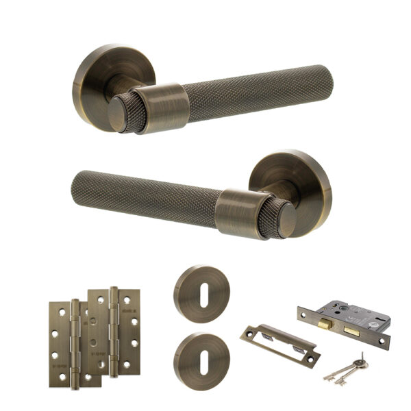 Atlantic Senza Pari Andretta Door Handle Pack (3 Lever Lock Set - 2.5" CE Sashlock, 4" Slim Knuckle Hinges x2) - Antique Brass