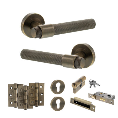 Senza Pari Andretta Door Handle Pack (Euro Lock Set - 3" CE Sashlock, 3" Fire Rated Hinges x3) - Antique Brass