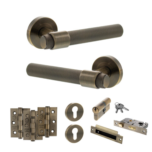 Senza Pari Andretta Door Handle Pack (Euro Lock Set - 3" CE Sashlock, 3" Fire Rated Hinges x3) - Antique Brass