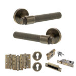 Senza Pari Andretta Door Handle Pack (Euro Lock Set - 3" CE Sashlock, 4" Fire Rated Hinges x3) - Antique Brass