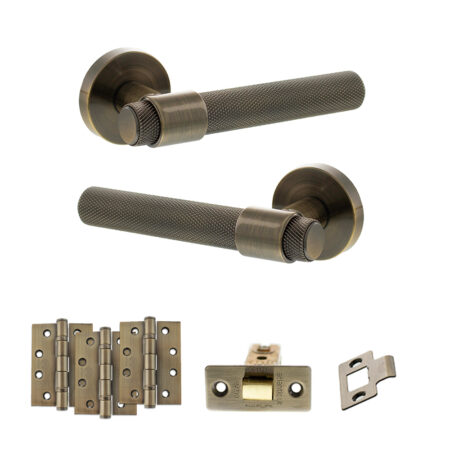 Atlantic Senza Pari Andretta Door Handle Pack (Latch Set - 2.5" CE Latch, 4" Fire Rated Hinges x3) - Antique Brass