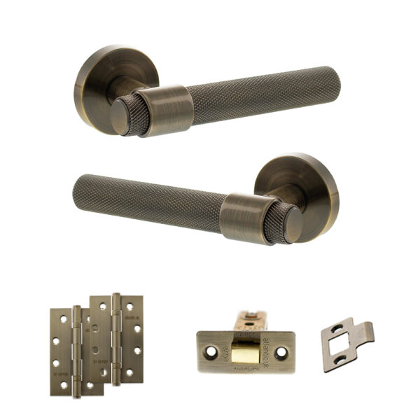 Senza Pari Andretta Door Handle Pack (Latch Set - 3" CE Latch, 4" Slim Knuckle Hinges x2) - Antique Brass