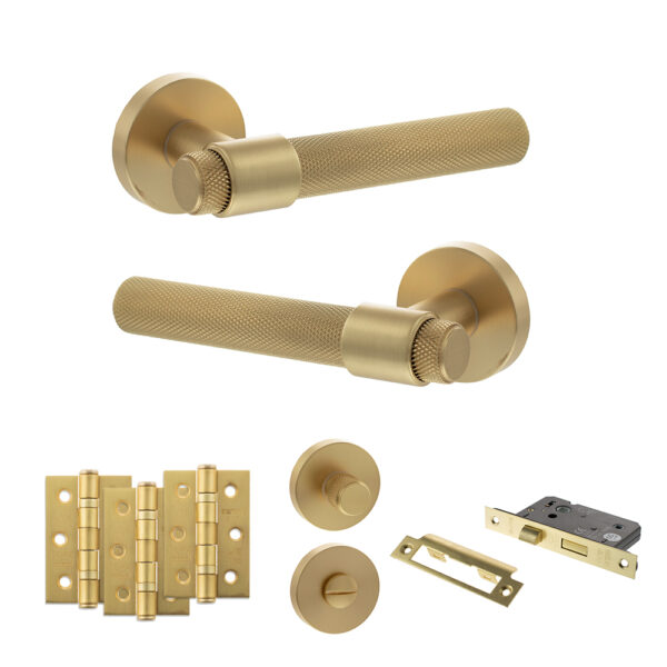 Atlantic Senza Pari Andretta Door Handle Pack (Bathroom Set - 3" CE Bathroom Lock, 3" Fire Rated Hinges x3) - Satin Brass