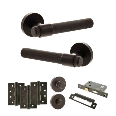 Senza Pari Andretta Door Handle Pack (Bathroom Set - 3" CE Bathroom Lock, 4" Fire Rated Hinges x3) - Urban Dark Bronze