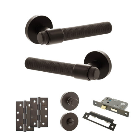 Senza Pari Andretta Door Handle Pack (Bathroom Set - 2.5" CE Bathroom Lock, 4" Slim Knuckle Hinges x2) - Urban Dark Bronze