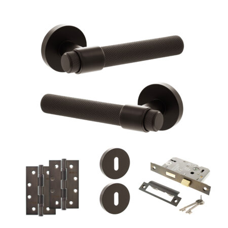 Senza Pari Andretta Door Handle Pack (3 Lever Lock Set - 2.5" CE Sashlock, 4" Slim Knuckle Hinges x2) - Urban Dark Bronze