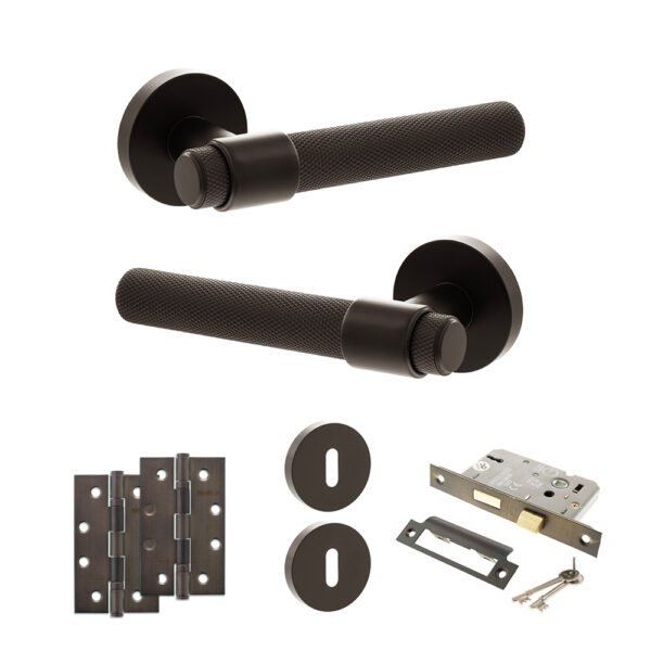 Senza Pari Andretta Door Handle Pack (3 Lever Lock Set - 2.5" CE Sashlock, 4" Slim Knuckle Hinges x2) - Urban Dark Bronze