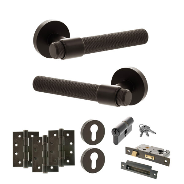 Senza Pari Andretta Door Handle Pack (Euro Lock Set - 2.5" CE Sashlock, 4" Fire Rated Hinges x3) - Urban Dark Bronze