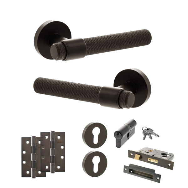 Senza Pari Andretta Door Handle Pack (Euro Lock Set - 2.5" CE Sashlock, 4" Slim Knuckle Hinges x2) - Urban Dark Bronze