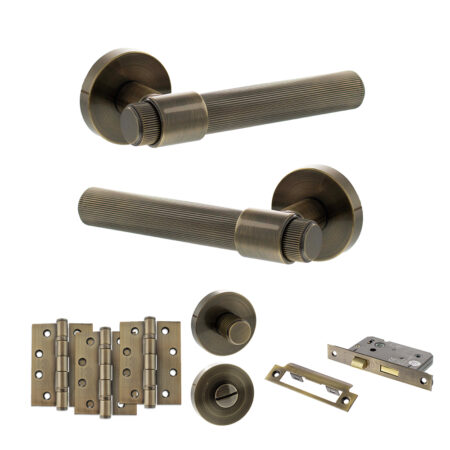 Senza Pari Fasana Door Handle Pack (Bathroom Set - 2.5" CE Bathroom Lock, 4" Fire Rated Hinges x3) - Antique Brass