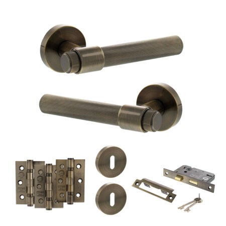 Senza Pari Fasana Door Handle Pack (3 Lever Lock Set - 2.5" CE Sashlock, 3" Fire Rated Hinges x3) - Antique Brass