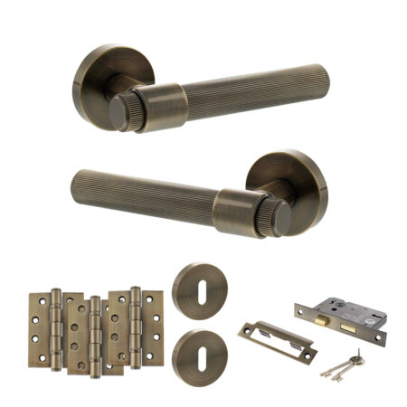 Senza Pari Fasana Door Handle Pack (3 Lever Lock Set - 2.5" CE Sashlock, 4" Fire Rated Hinges x3) - Antique Brass