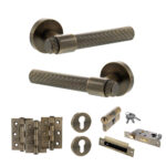 Senza Pari Fasana Door Handle Pack (Euro Lock Set - 2.5" CE Sashlock, 3" Fire Rated Hinges x3) - Antique Brass