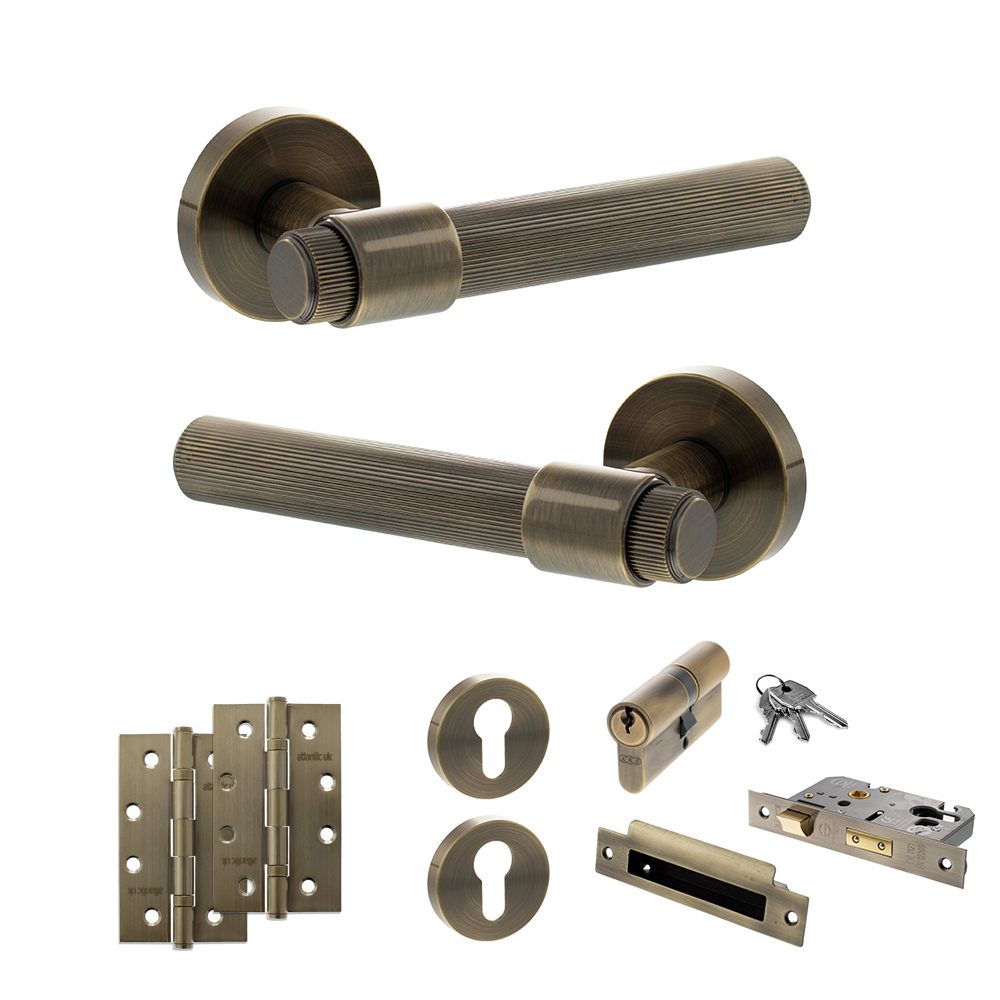 ADPSPR165AB25_SENZA20PARI20FASANA20ANTIQUE20BRASS.jpg Atlantic Senza Pari Fasana Door Handle Pack (Euro Lock Set - 3" CE Sashlock, 4" Slim Knuckle Hinges x2) - Antique Brass - Image 1