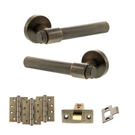 Senza Pari Fasana Door Handle Pack (Latch Set - 3" CE Latch, 4" Fire Rated Hinges x3) - Antique Brass