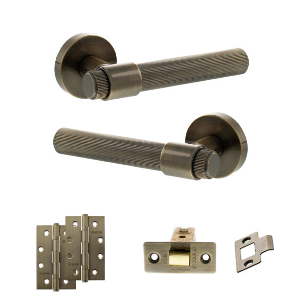 Senza Pari Fasana Door Handle Pack (Latch Set - 3" CE Latch, 4" Slim Knuckle Hinges x2) - Antique Brass