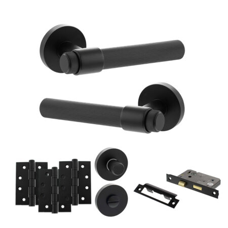 Senza Pari Fasana Door Handle Pack (Bathroom Set - 3" CE Bathroom Lock, 4" Fire Rated Hinges x3) - Matt Black