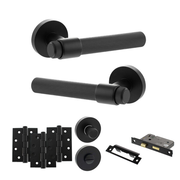 Senza Pari Fasana Door Handle Pack (Bathroom Set - 3" CE Bathroom Lock, 4" Fire Rated Hinges x3) - Matt Black