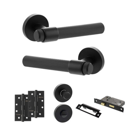 Senza Pari Fasana Door Handle Pack (Bathroom Set - 2.5" CE Bathroom Lock, 4" Slim Knuckle Hinges x2) - Matt Black