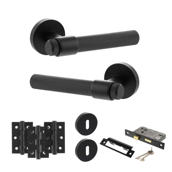 Senza Pari Fasana Door Handle Pack (3 Lever Lock Set - 2.5" CE Sashlock, 3" Fire Rated Hinges x3) - Matt Black