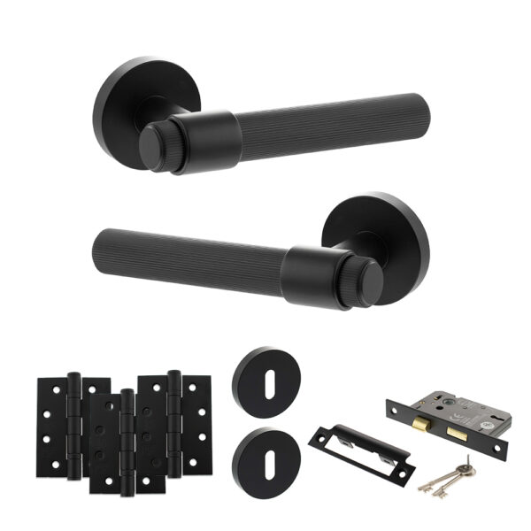 Senza Pari Fasana Door Handle Pack (3 Lever Lock Set - 2.5" CE Sashlock, 4" Fire Rated Hinges x3) - Matt Black
