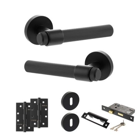 Senza Pari Fasana Door Handle Pack (3 Lever Lock Set - 2.5" CE Sashlock, 4" Slim Knuckle Hinges x2) - Matt Black