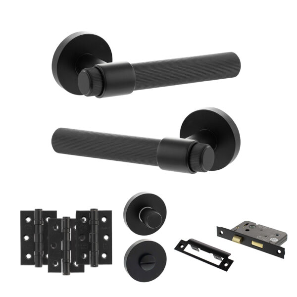 Senza Pari Fasana Door Handle Pack (Bathroom Set - 2.5" CE Bathroom Lock, 3" Fire Rated Hinges x3) - Matt Black