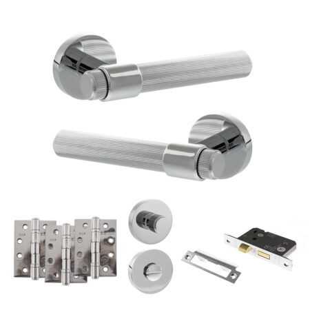 Senza Pari Fasana Door Handle Pack (Bathroom Set - 2.5" CE Bathroom Lock, 4" Fire Rated Hinges x3) - Polished Chrome