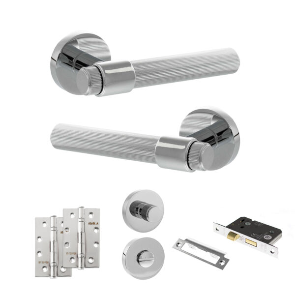 Senza Pari Fasana Door Handle Pack (Bathroom Set - 2.5" CE Bathroom Lock, 4" Slim Knuckle Hinges x2) - Polished Chrome