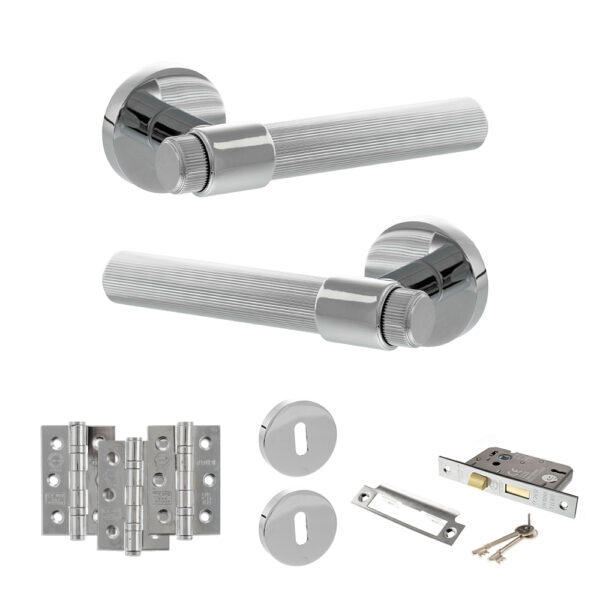 Senza Pari Fasana Door Handle Pack (3 Lever Lock Set - 2.5" CE Sashlock, 3" Fire Rated Hinges x3) - Polished Chrome