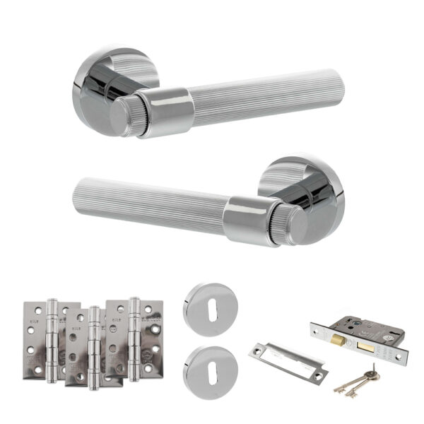 Senza Pari Fasana Door Handle Pack (3 Lever Lock Set - 3" CE Sashlock, 4" Fire Rated Hinges x3) - Polished Chrome